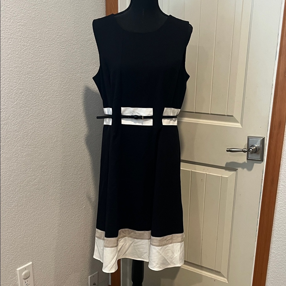 Calvin Klein Black and White Belted Midi Dress